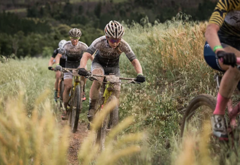 Amy McDougall and Robyn de Groot from team Dormakaba during the 2019 FNB Wine2Whales Chardonnay 3 day mountain bike event stage2 from Oak Valley to Oak Valley. Image by Xavier Briel