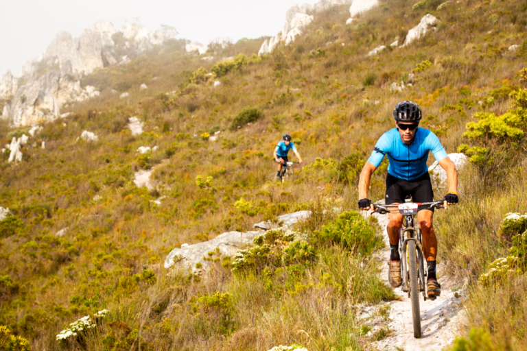 Two bikers in the Helderberg Mountains