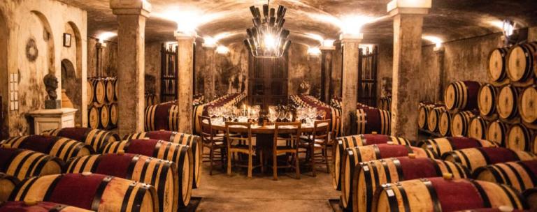 A wine cellar with a sitting area