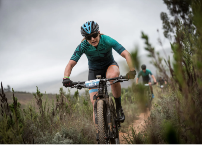 Close up of a biker in teal