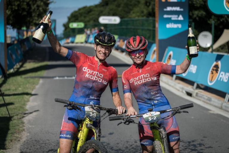 Amy Beth McDougall and Robyn de Groot from Team dormakaba after winning the 2019 FNB Wine2Whales Chardonnay 3 day mountain bike event. Image by Xavier Briel