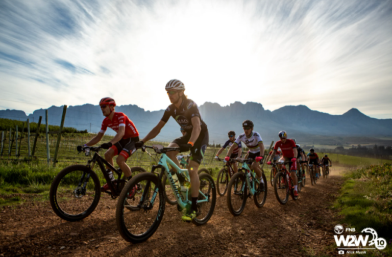 Matt Beers leads the Elite Men during the 2018 FNB Wines2Whales Shiraz 3 day mountain bike event from Lourensford to Oak Valley. Image by Nick Muzik