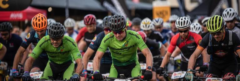A shot of hundred of bikers heading out on the epic series race