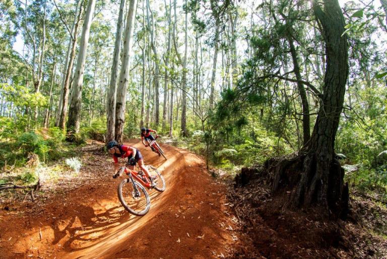 Two bikers taking a very steep dirt bank