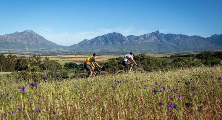 Bikers against a mountainesk landscape