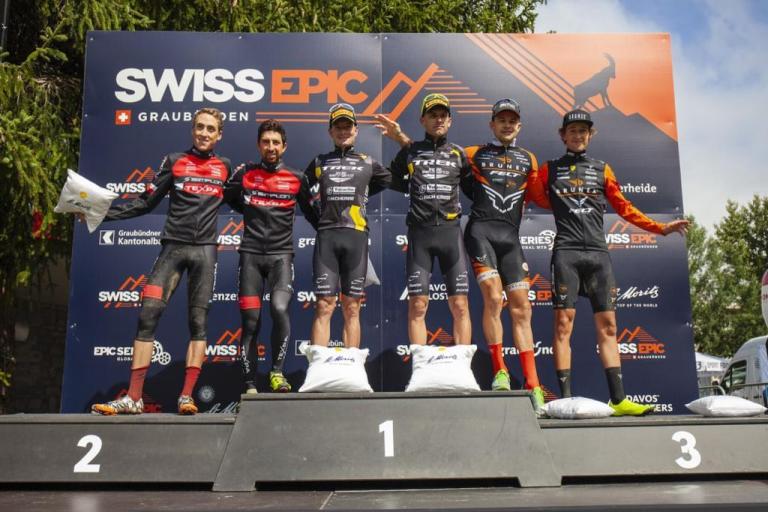Casey SOUTH and Noah BLÖCHLINGER(3rd) Michael STÜNZI and Marc STUTZMANN(2nd) Michele CASAGRANDE and Fabian RABENSTEINER(1st) during Stage 2 of the 2019 Swiss Epic from St Moritz to St Moritz, Graubünden, Switzerland on 21 August 2019. 