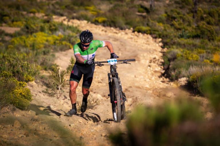 HB Kruger suffering a puncture during stage 1 of the 2019 FNB Wines2Whales. Image by Nick Muzik