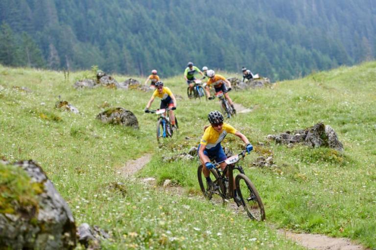 Bikers heading through a zig zag field