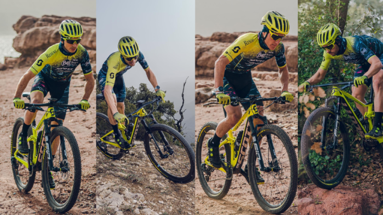 Four images of a yellow clothed biker