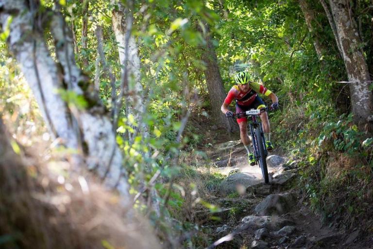 a biker heading through the woods