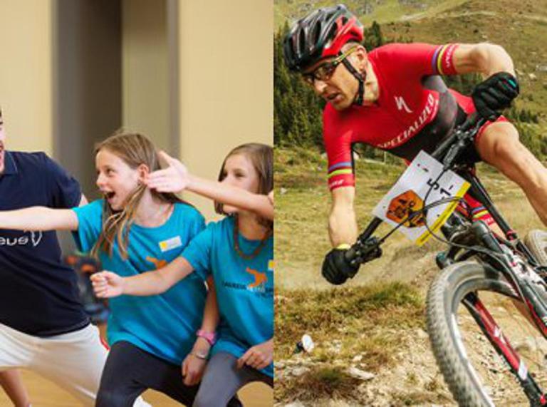 A split picture, half is Sauser biking and the other half is him hanging with kids