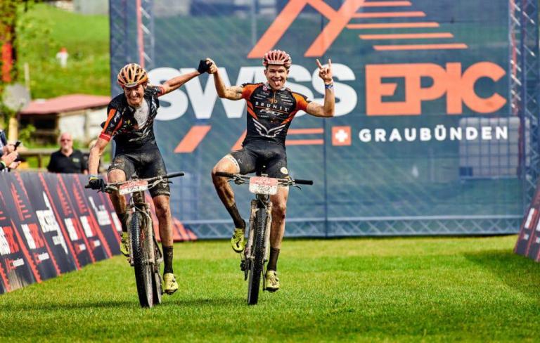 BMC Fischer’s Casey South and Noah Blöchlinger crossing the Swiss Epic finish line