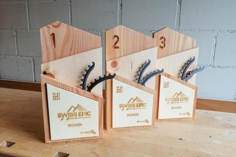 Wodden trophies for 1st, 2nd and 3rd of the Women's Swiss Epic