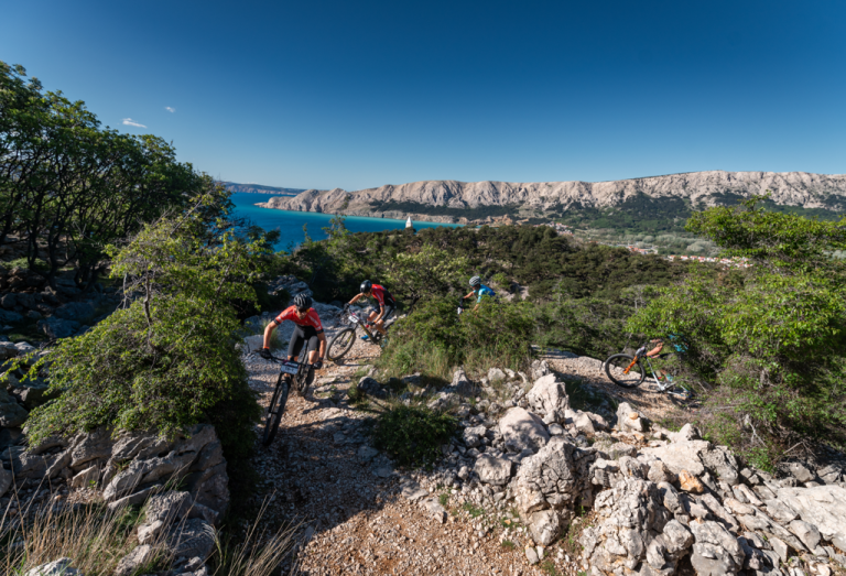 Riders riding on a mountainbike path in the nature near the sea
