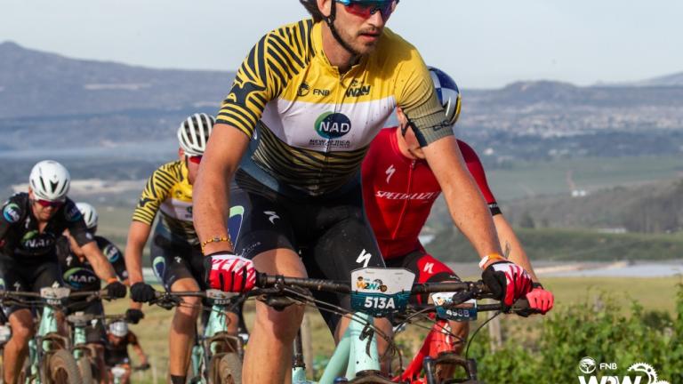 Alan Hatherly, Simon Andreassen of Team Spur Specialized and Matthew Beers, Wessel Botha of Team NAD 2 during the 2018 FNB Wines2Whales Shiraz 3 day mountain bike event stage 2 in and around Oak Valley and Paul Cluver. Image by Greg Beadle [FNB Wines2Whal
