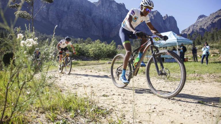 Amy Beth McDougall and Robyn de Groot from team Dormakaba after winning the 2019 FNB Wines2Whales Chardonnay 3 day mountain bike event stage3 from Oak Valley to Onrus. Image by Xavier Briel [FNB Wines2Whales]