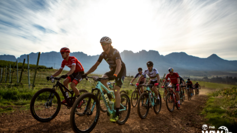 Matt Beers leads the Elite Men during the 2018 FNB Wines2Whales Shiraz 3 day mountain bike event from Lourensford to Oak Valley. Image by Nick Muzik [FNB Wine2Whales]
