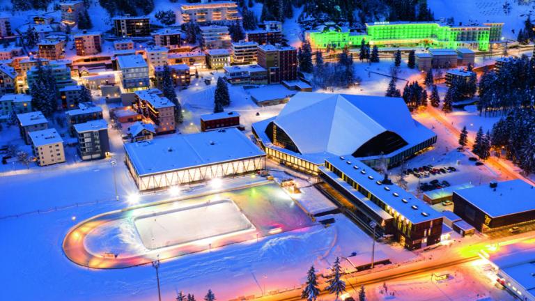 Overhead shot of Graubunden and an ice skating rink [Swiss Epic]