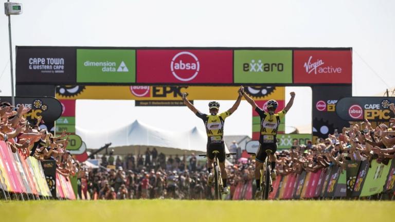 Two bikers at the finishline of the Swiss Epic [Swiss Epic]