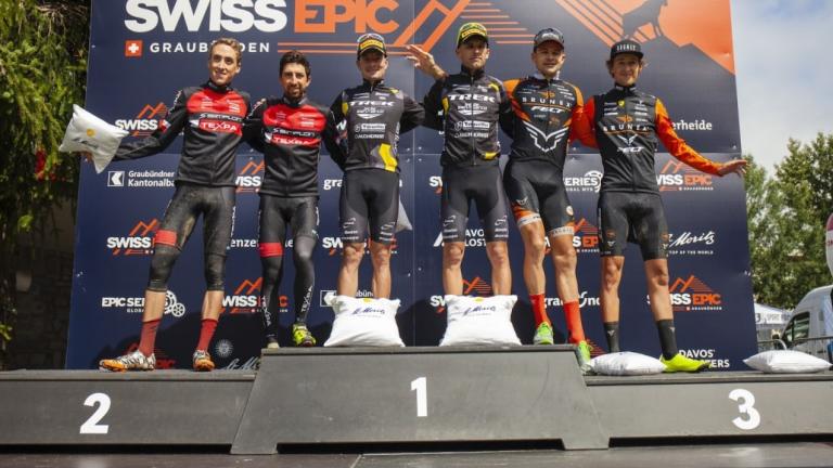 Casey SOUTH and Noah BLÖCHLINGER(3rd) Michael STÜNZI and Marc STUTZMANN(2nd) Michele CASAGRANDE and Fabian RABENSTEINER(1st) during Stage 2 of the 2019 Swiss Epic from St Moritz to St Moritz, Graubünden, Switzerland on 21 August 2019. Photo by Sam Clark. 