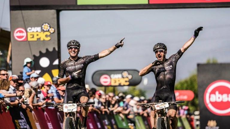 The Orbea team dabbing across the finishline [Andorra MTB Classic-Pyrenees]