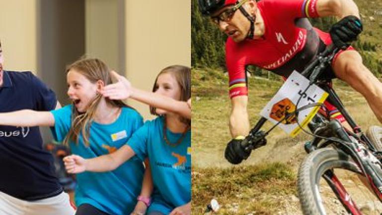 A split picture, half is Sauser biking and the other half ishim hanging with kids [Swiss Epic]