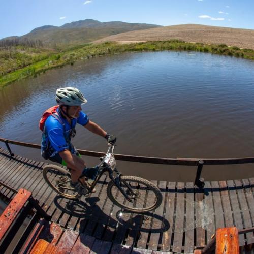A biker heading over a narrow bridge [FNB Wines2Whales]