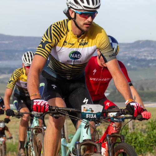 Alan Hatherly, Simon Andreassen of Team Spur Specialized and Matthew Beers, Wessel Botha of Team NAD 2 during the 2018 FNB Wines2Whales Shiraz 3 day mountain bike event stage 2 in and around Oak Valley and Paul Cluver. Image by Greg Beadle [FNB Wines2Whal