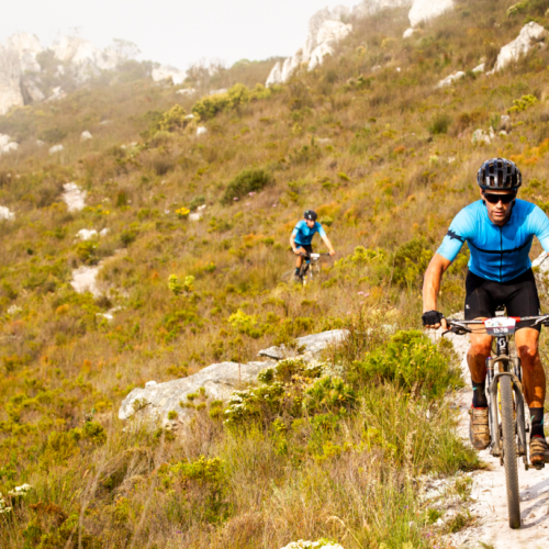 Two bikers in the Helderberg Mountains [FNB Wines2Whales]