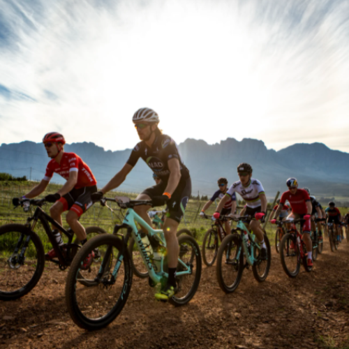 Matt Beers leads the Elite Men during the 2018 FNB Wines2Whales Shiraz 3 day mountain bike event from Lourensford to Oak Valley. Image by Nick Muzik [FNB Wine2Whales]