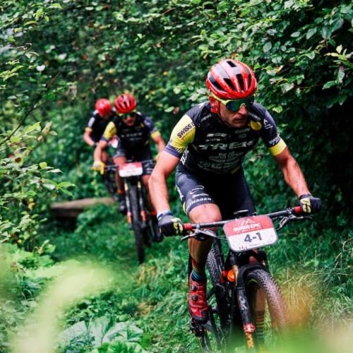Three bikers wearing burnt orange helmets biking through a forest [Swiss Epic]