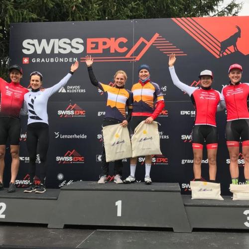 The winners platform of the Swiss Epic with Ariane Luthi on the 1st place platform [Swiss Epic]