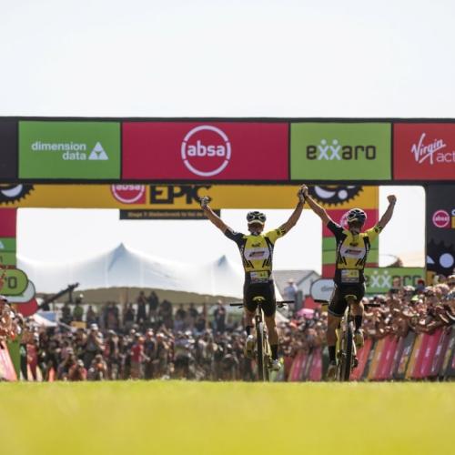 Two bikers at the finishline of the Swiss Epic [Swiss Epic]