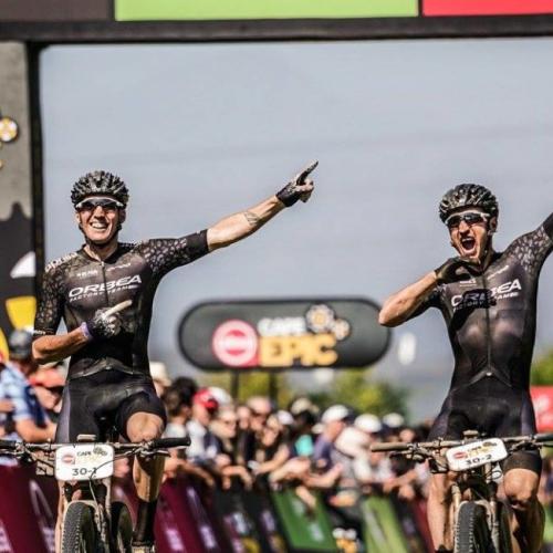 The Orbea team dabbing across the finishline [Andorra MTB Classic-Pyrenees]