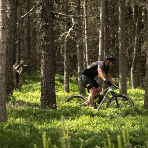 Two bikers in dense woods [Andorra MTB Classic-Pyrenees]