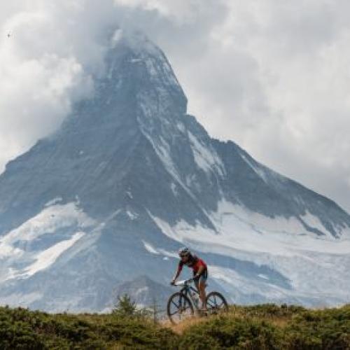 Mountain shot with bikers in front [Swiss Epic]