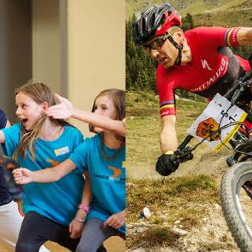 A split picture, half is Sauser biking and the other half ishim hanging with kids [Swiss Epic]
